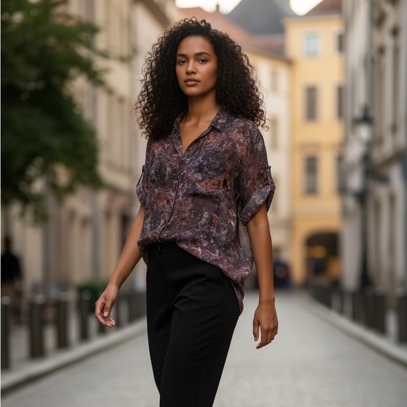 Topshop Tops - TopShop Pure Silk Retro Androgynous Eclectic Semi-Sheer Short Sleeve Button Top